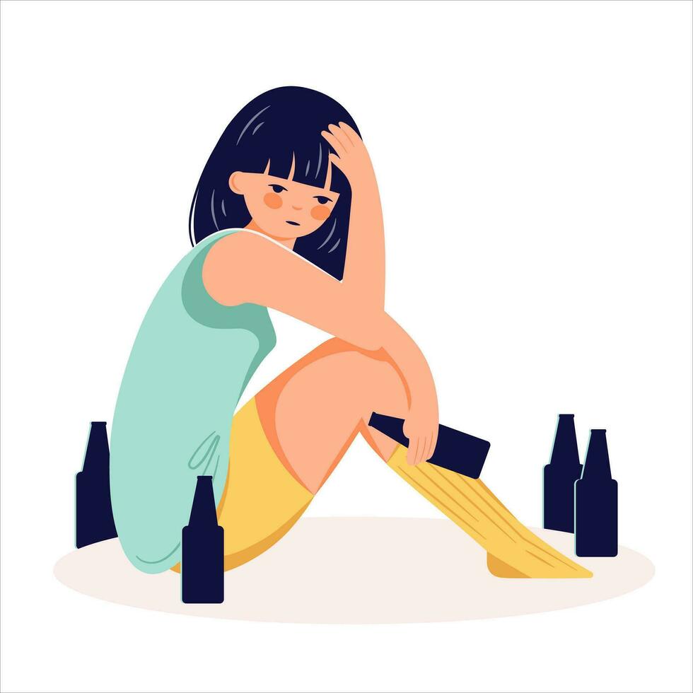 alcohol abuso adiccion concepto mano dibujado borracho mujer ilustración vector