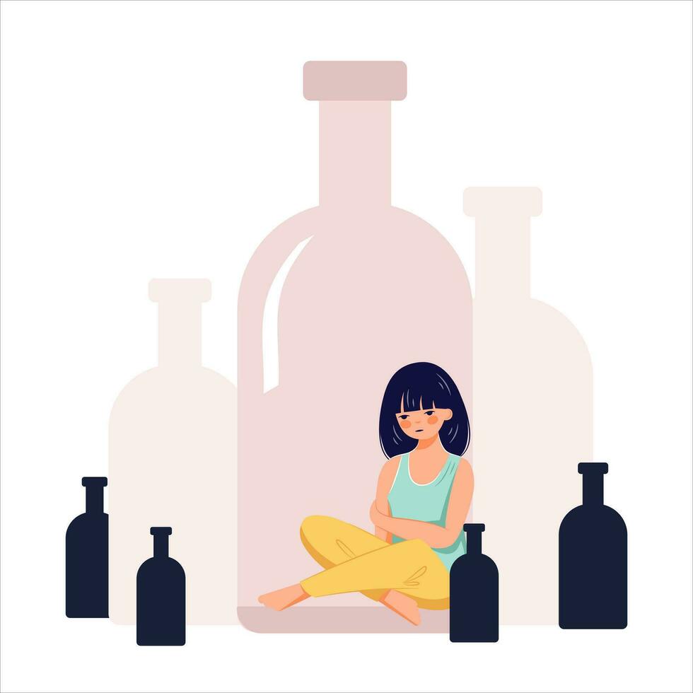 alcohol abuso adiccion concepto mano dibujado borracho mujer ilustración vector