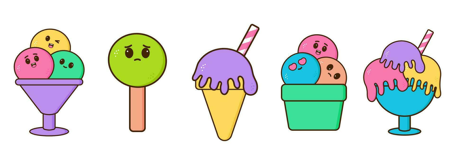 Set of kawaii ice cream with cute face on a white background. vector