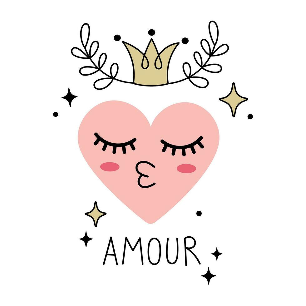 Cute Heart character with crown and AMOUR lettering. isolated on white background. Hand drawn line art vector illustration with lettering Amour. Amour means Love in french.