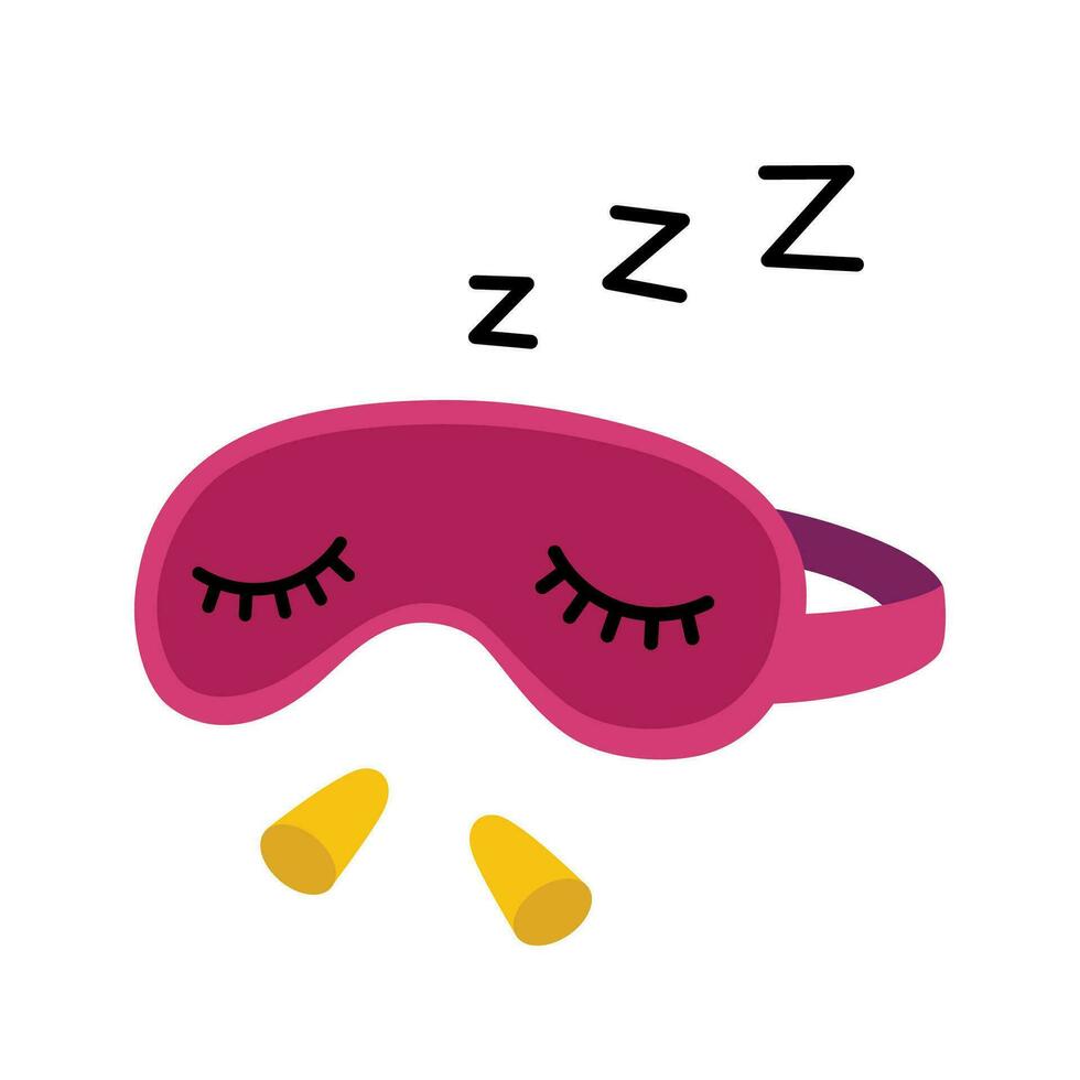 Sleeping mask with earplugs. Cute mask with closed eyes. Pink eye mask, flat design. Colorful vector illustration. Objects for better sleeping.