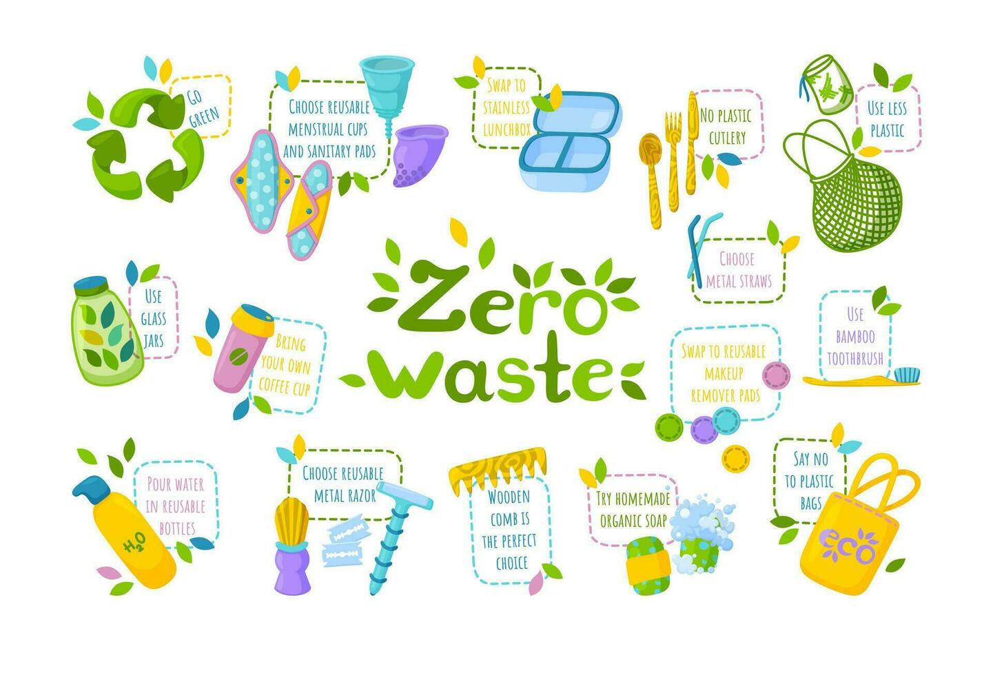 Zero waste set. Symbol of recycling, reusable items and go green instructions. Vector illustration