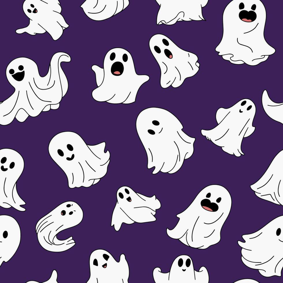 Seamless Halloween pattern with ghosts. Hand drawn ghosts in doodle style. Pattern for Halloween. Vector illustraiton.
