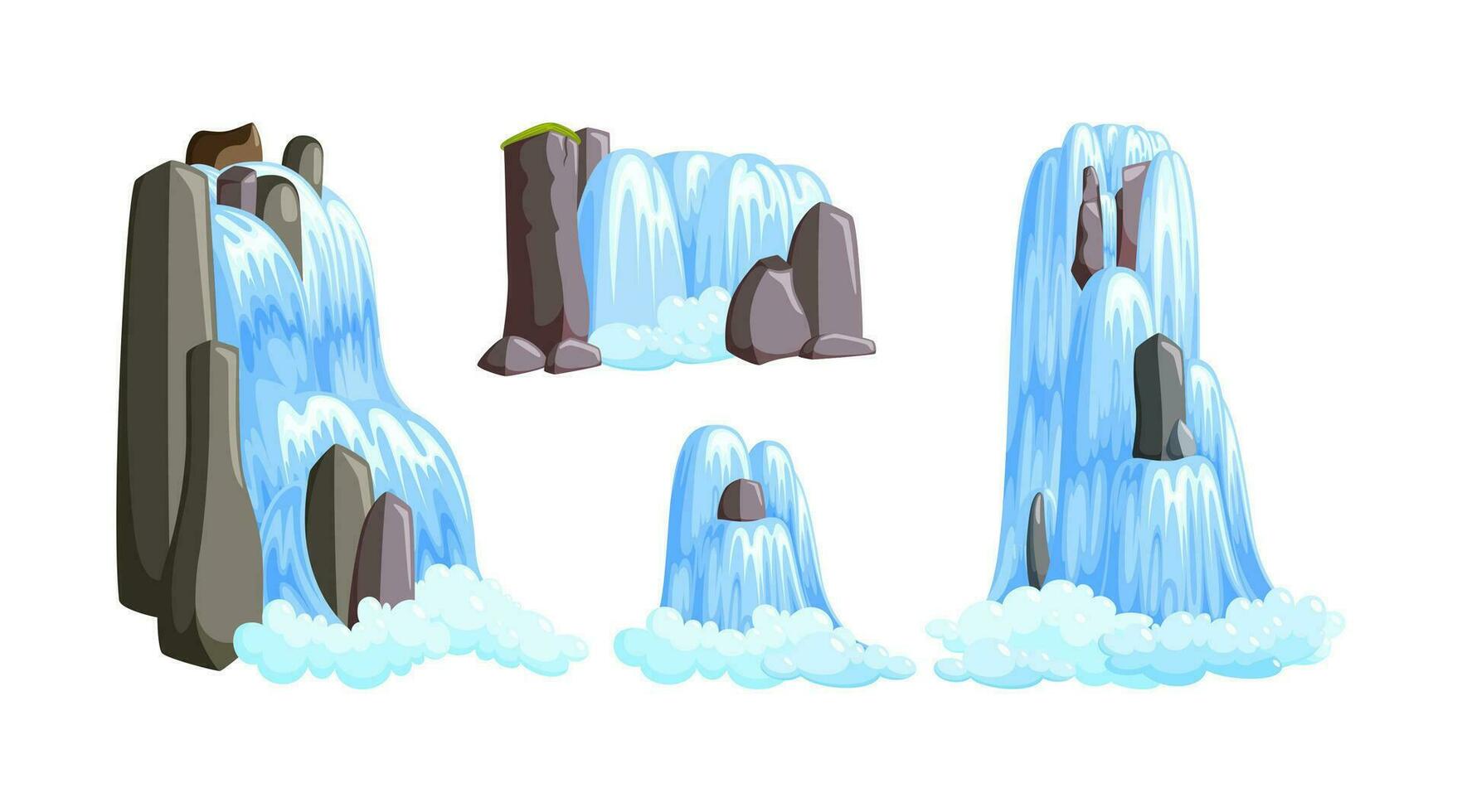 cascada cascadas en montañas para paraíso paisajes conjunto de agua cascadas salpicando abajo desde el río aislado en blanco antecedentes. vector ilustración