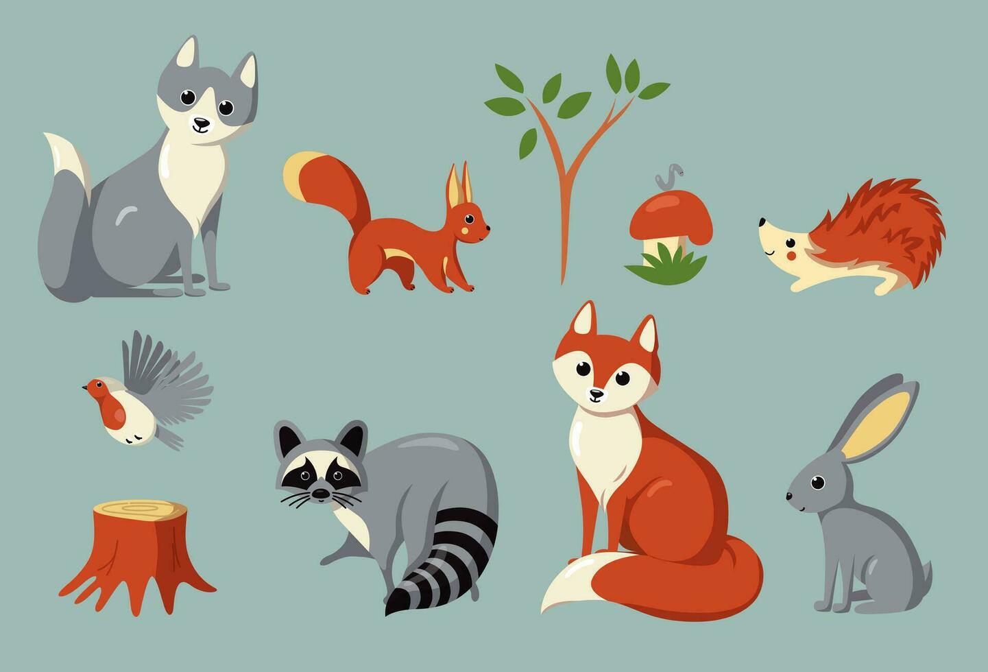 Set of woodland animals, bird, mushroom and plants. Vector illustration in cute cartoon style