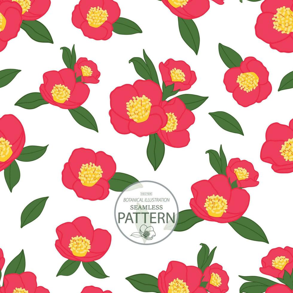Botanical hand drawn camellia red   flower illlustration  vector seamless pattern
