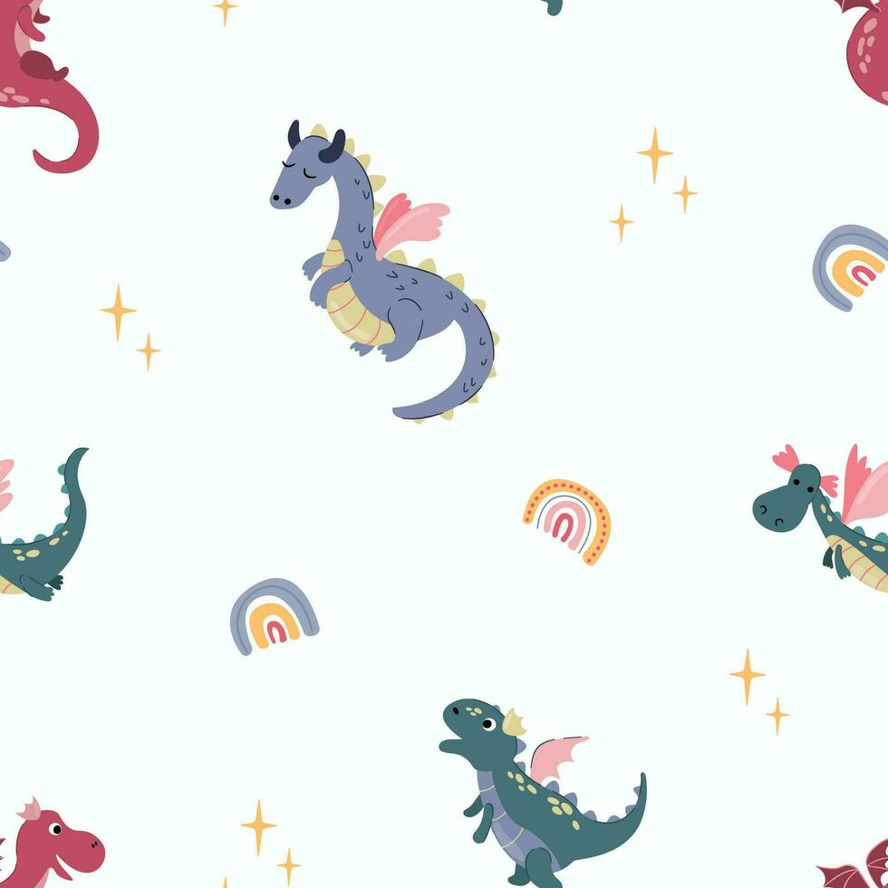 Seamless pattern with cute hand drawn dragons. Design for fabric, textile, wallpaper, packaging. vector