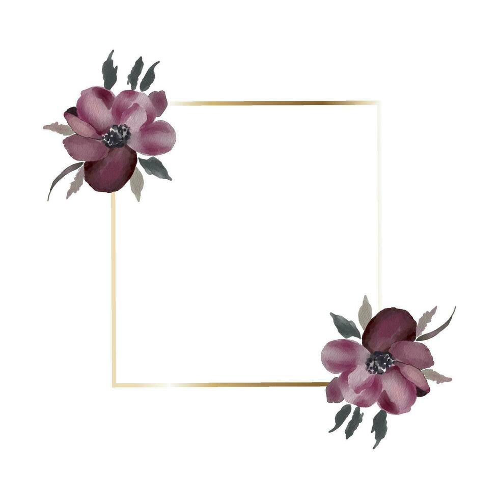 elegant gold border with watercolor purple flowers and leaves. vector