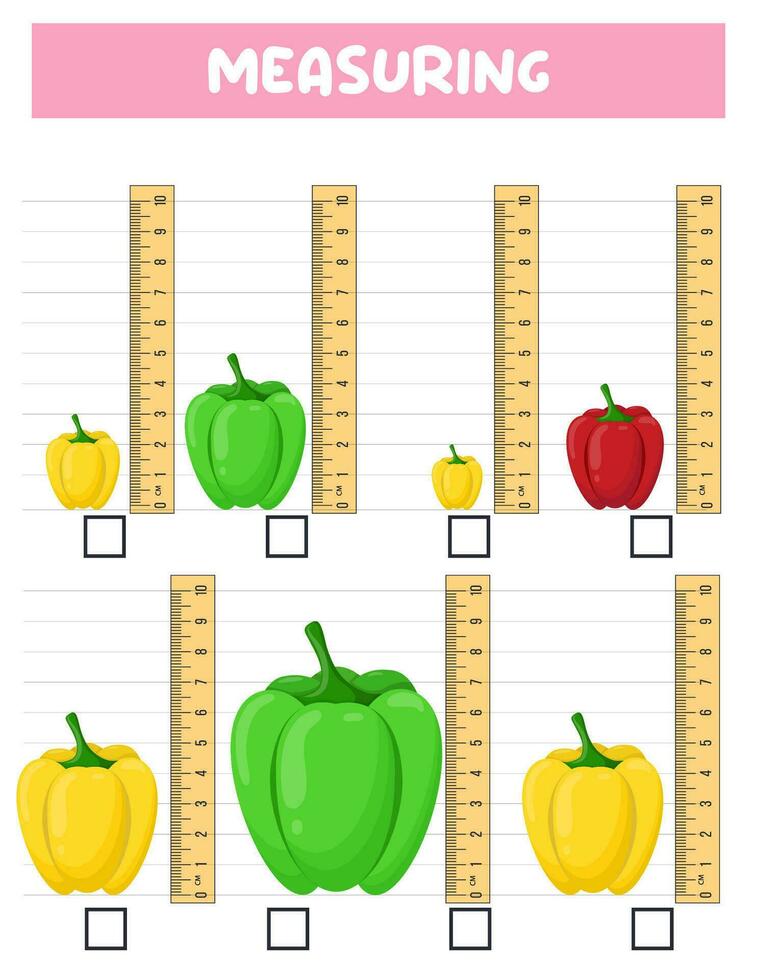 Measuring length  with ruler. Education developing worksheet. Game for kids.Vector illustration. practice sheets.Pepper measurement in centimeters vector