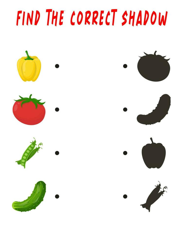 Find the right shadow. Cute fruits. Educational game with vegetables. Logic games for children with an answer. A training card with a task for preschool and kindergarten children vector