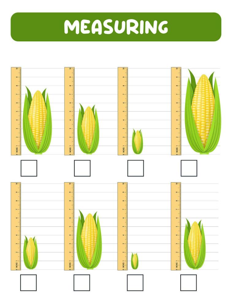 Measuring length  with ruler. Education developing worksheet. Game for kids.Vector illustration. practice sheets.Corn measurement in inches vector