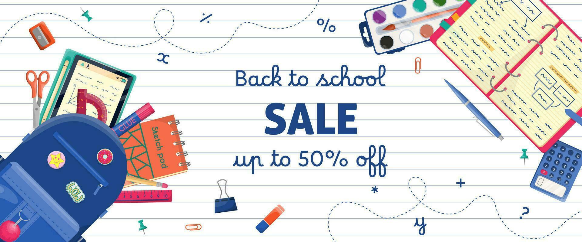 Back to school sale banner template. Blue backpack and open notebook with different stationery, supplies, items. Design for website, marketing, educational study promotion ad, social media, invitation vector