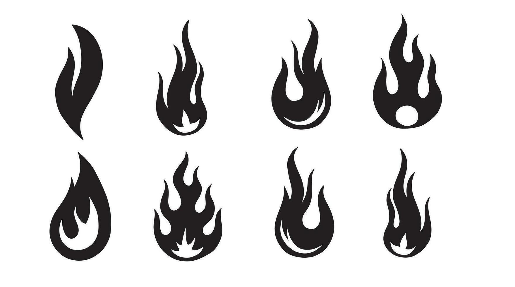 Fire flame black white vector set