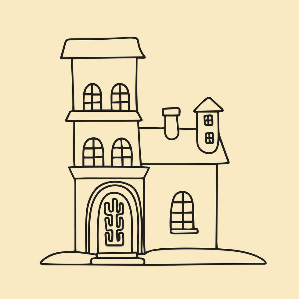 Retro house in doodle style. Hand drawn house vector illustration.