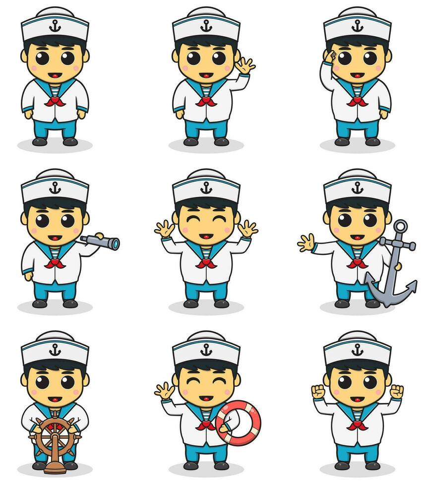 Vector Illustration of Cute little boy character wearing a sailors costume. Big set of cute cartoon children in professions. Cartoon flat style