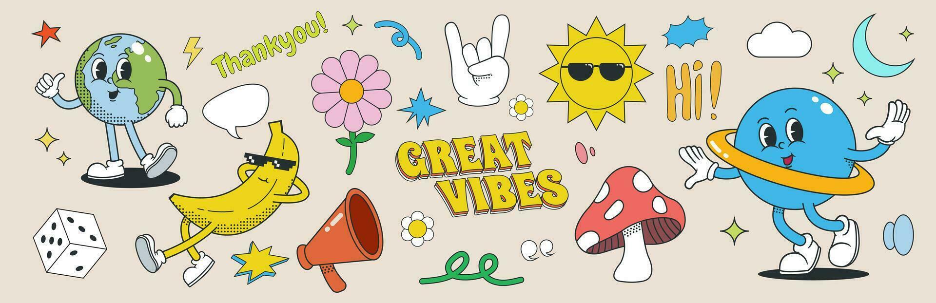 Set of groovy 70s characters and elements. vintage sticker collection, sun, flower, planet, earth, banana, mushroom, dice, cloud and abstract shape. vector illustration