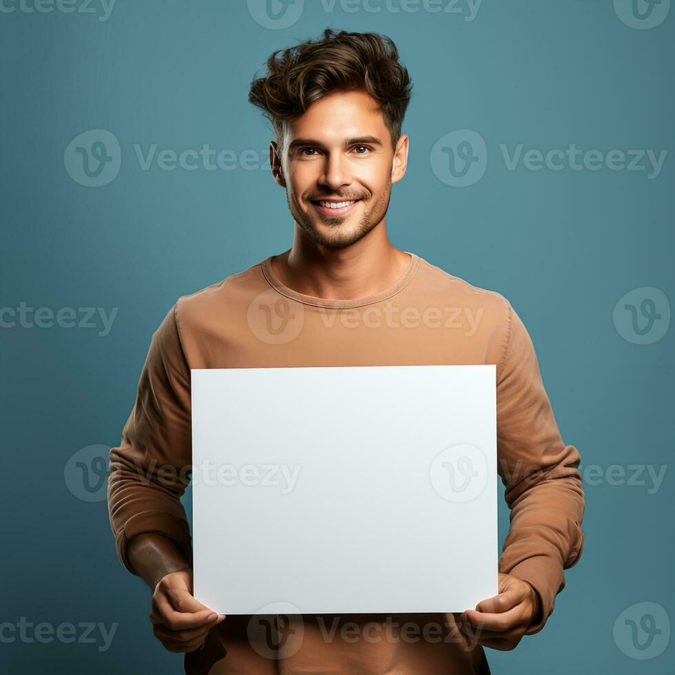 Handsome young man holding a blank sheet of paper photo