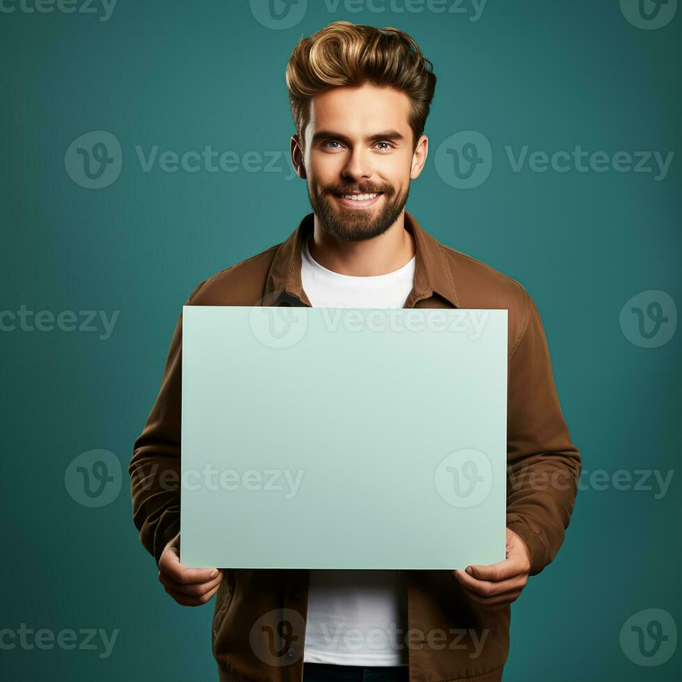 Handsome young man holding a blank sheet of paper photo