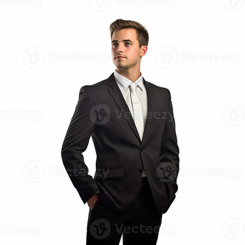 Portrait of a happy young businessman looking at camera isolated on white background photo