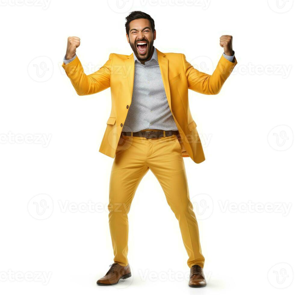 excited young business man celebrating success, isolated on white background. photo