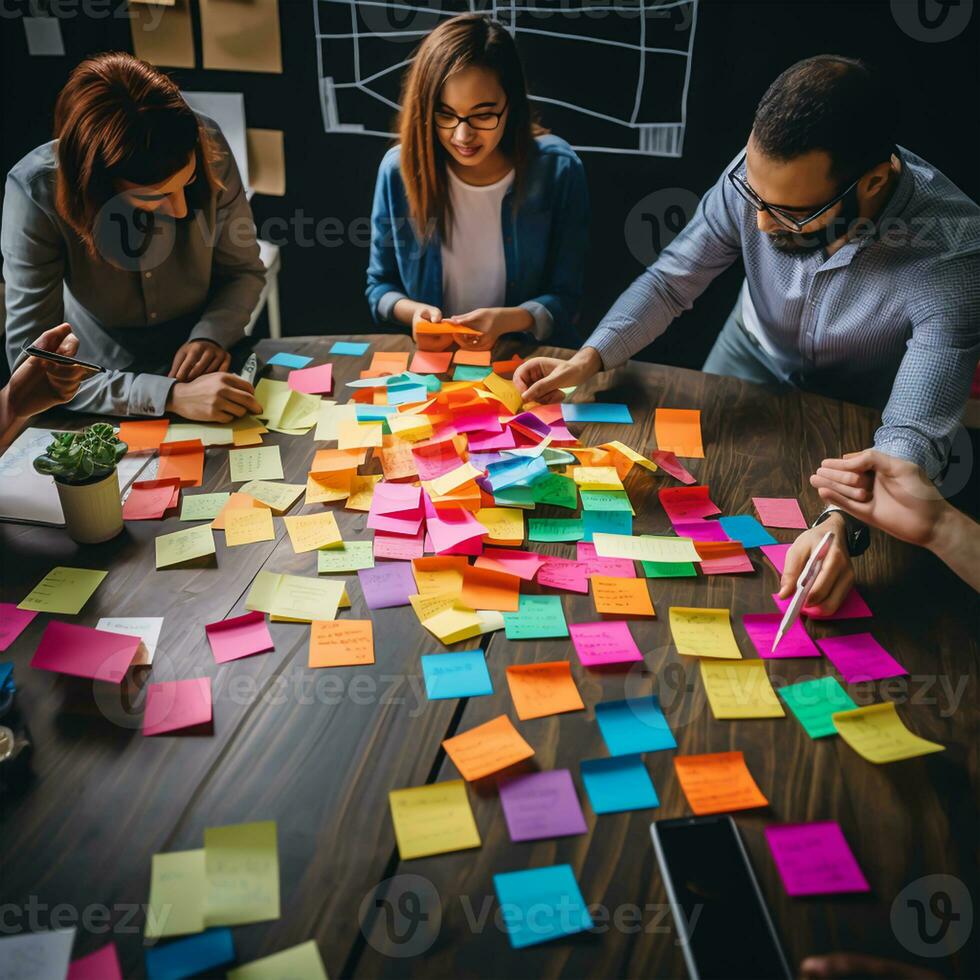 grupo de multiétnico negocio personas lluvia de ideas en creativo oficina. foto