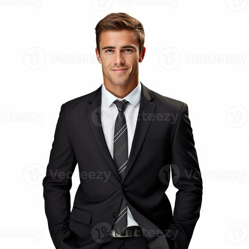 Portrait of a happy young businessman looking at camera isolated on white background photo