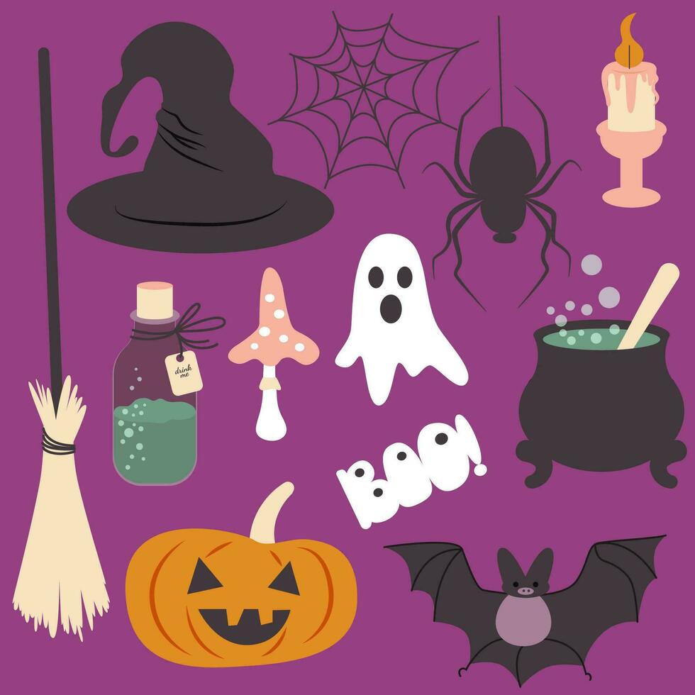 Vector flat cartoon Halloween holiday, elements set. Witch hat, broom, cauldron, Jack latern or pumpkin, web and spider, ghost, boo, candle, poison, mushroom and bat.