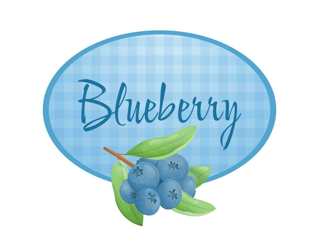 Round sticker or banner for packaging, twig with blueberries and leaves. Vector isolated cartoon label.