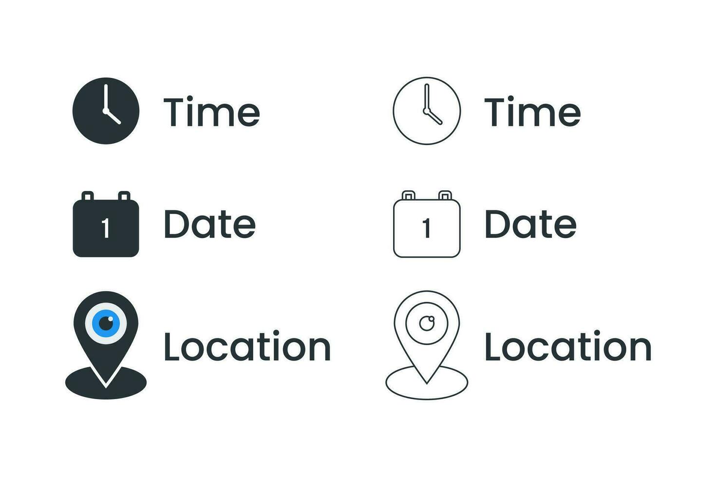 fecha, tiempo, ubicación icono en plano y contorno estilo. evento mensaje vector ilustración en aislado antecedentes. información firmar negocio concepto.