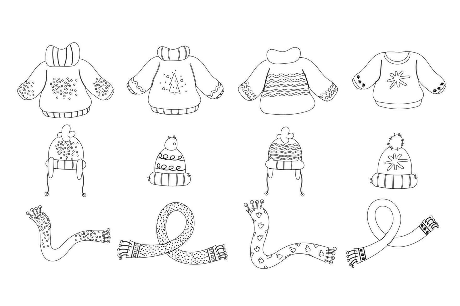 Set of hand drawn clothing accessories. Winter fashion knitted