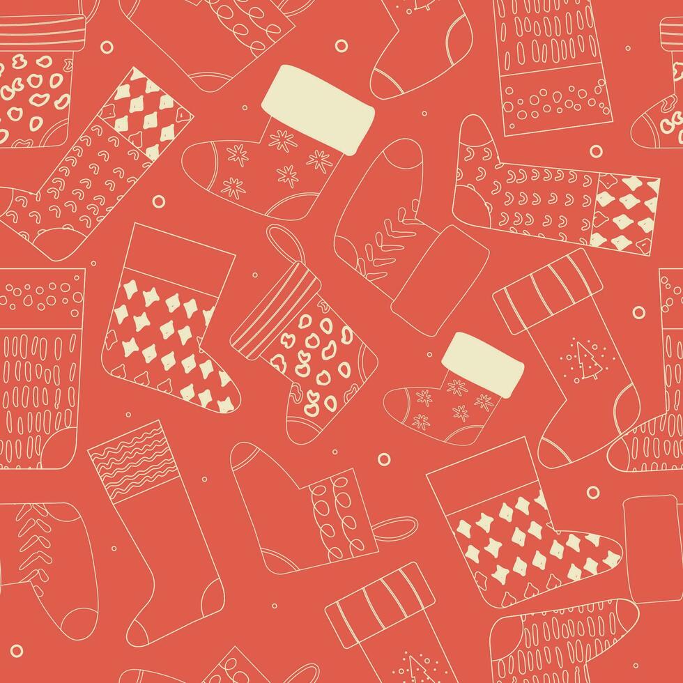 Seamless pattern of Christmas hand drawn outline socks on red background vector