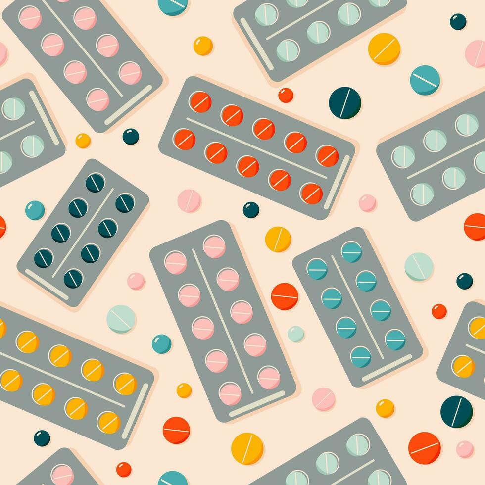 Pills, medications, capsules and blister packs colorful seamless pattern. Healthcare and medicine concept. Hand drawn modern vector illustration for web banner, card design.