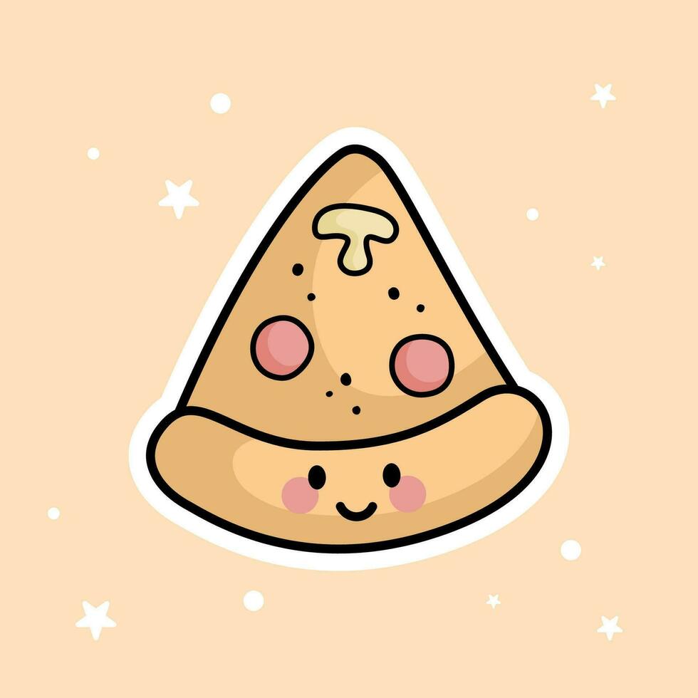Cute Kawaii Pizza Slice is isolated on a brown background vector