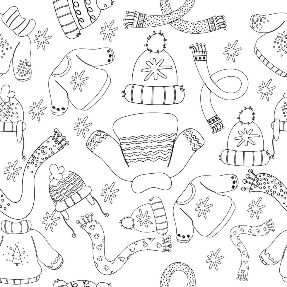 Seamless pattern of Christmas hand drawn outline winter clothes outline. Sweater, hat, scarf vector
