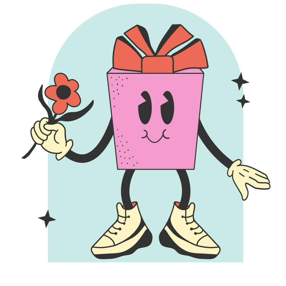 Retro Pink gift with flower in character cartoon style. Birthday box vector