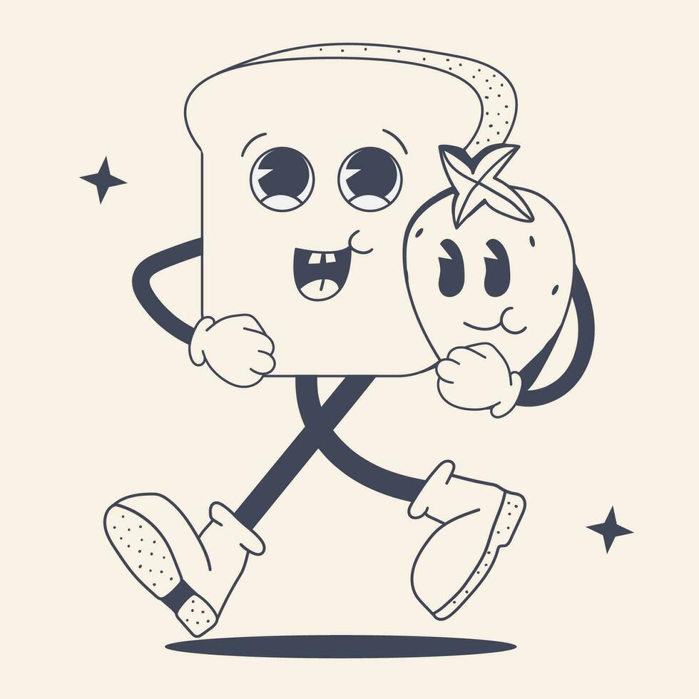 Groovy retro toast with funny strawberry. Slice of bread cartoon character line illustration. vector
