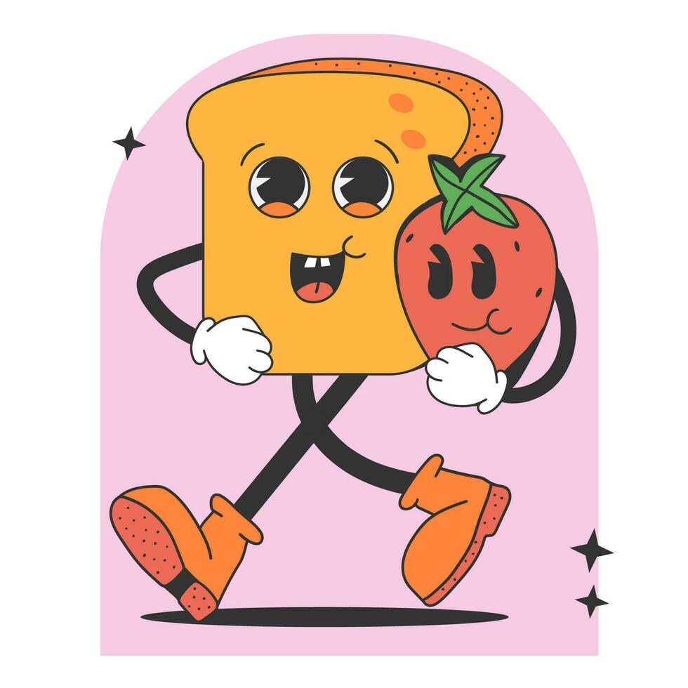 Retro groovy toast with strawberry cartoon style. Cute food characters illustration. vector