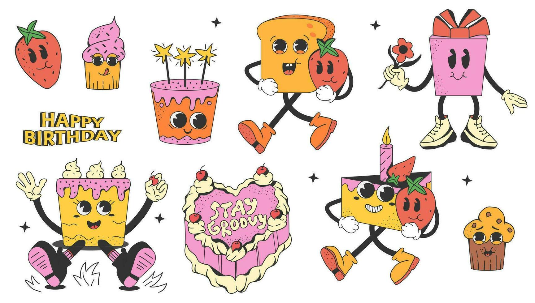 conjunto de retro dulces para cumpleaños. personaje dibujos animados pastel, regalo, tostada. contemporáneo mascotas para cafetería, restaurante, bar. vector