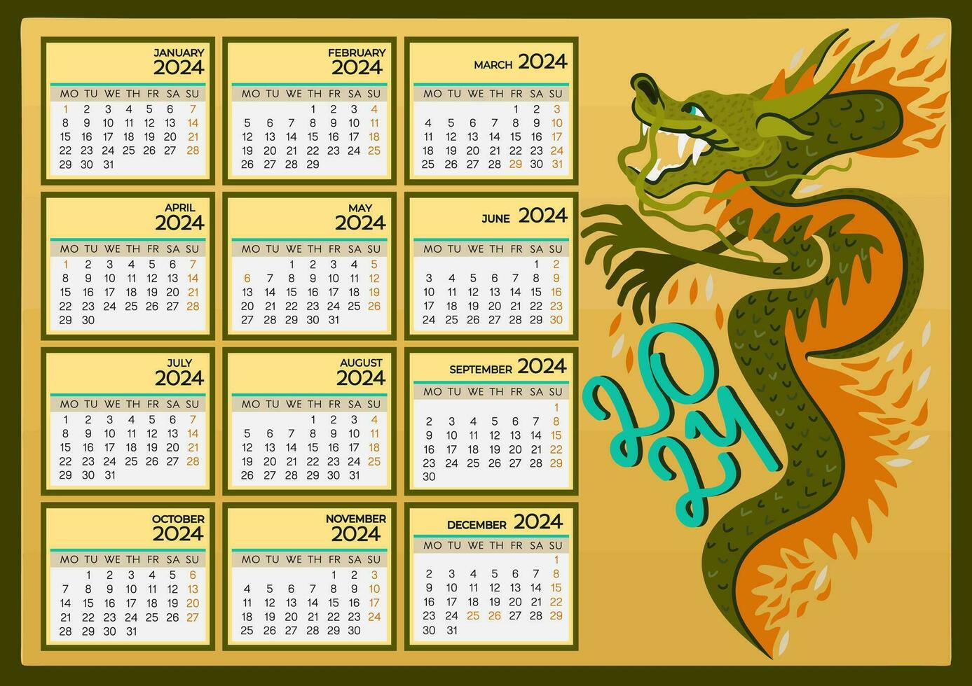 A4 calendar 2024. Chinese Year of Green Wooden Dragon. Week starts on Monday. Vector illustration