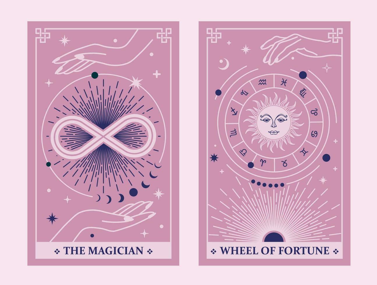 tarot tarjetas el mago y rueda de fortuna, celestial tarot tarjetas básico bruja tarot rodeado por Luna y estrellas. vector ilustración.