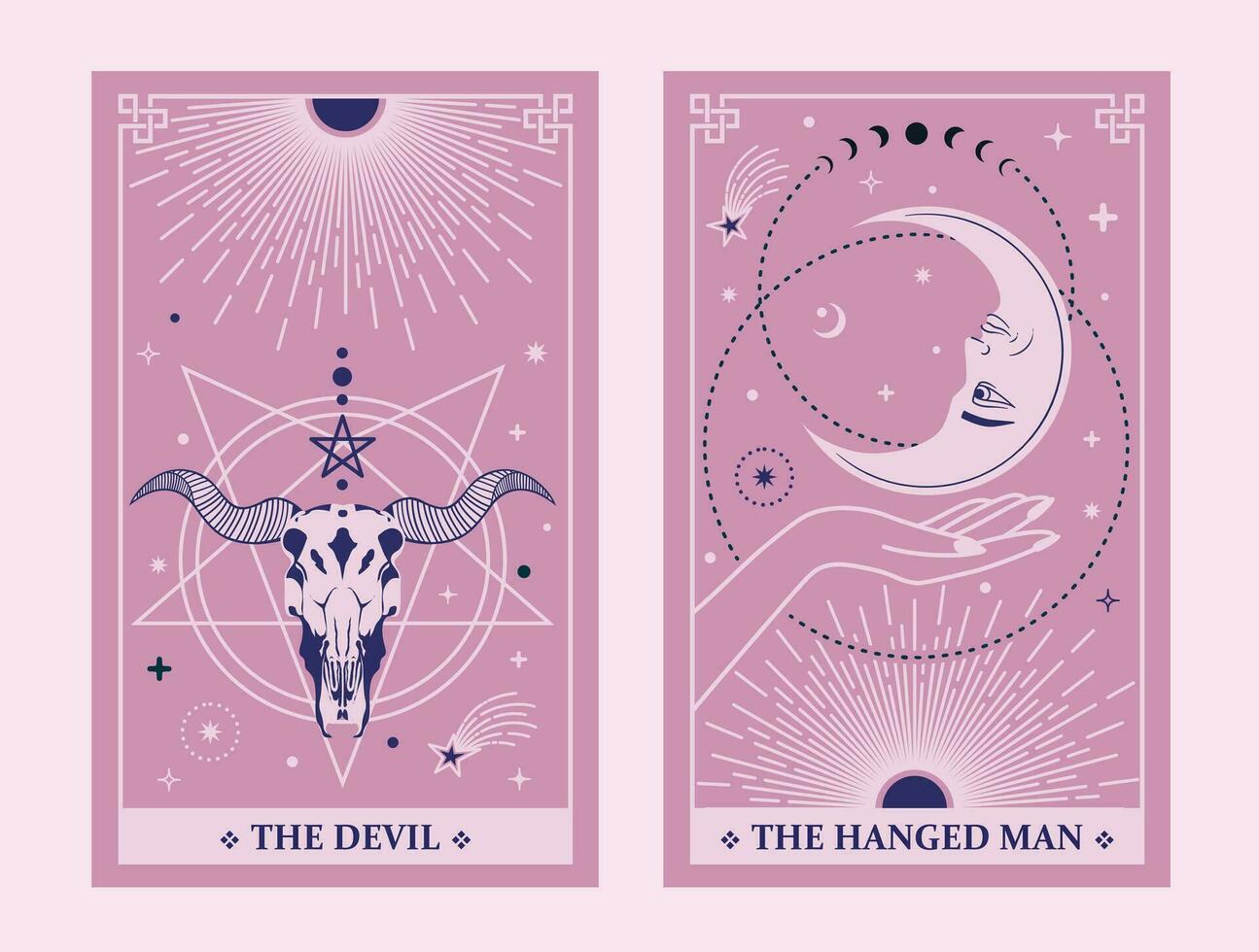 tarot tarjetas diablo y el colgado hombre, celestial tarot tarjetas básico bruja tarot rodeado por Luna y estrellas. vector ilustración.