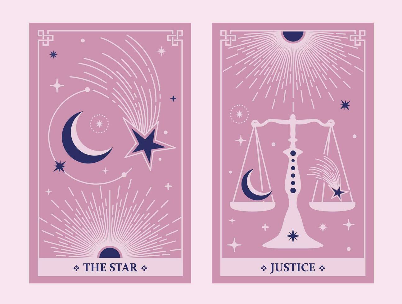 The Star and Justice tarot card illustration fortune telling occult mystic esoteric. Celestial Tarot Cards Basic witch tarot. Vector Illustration.