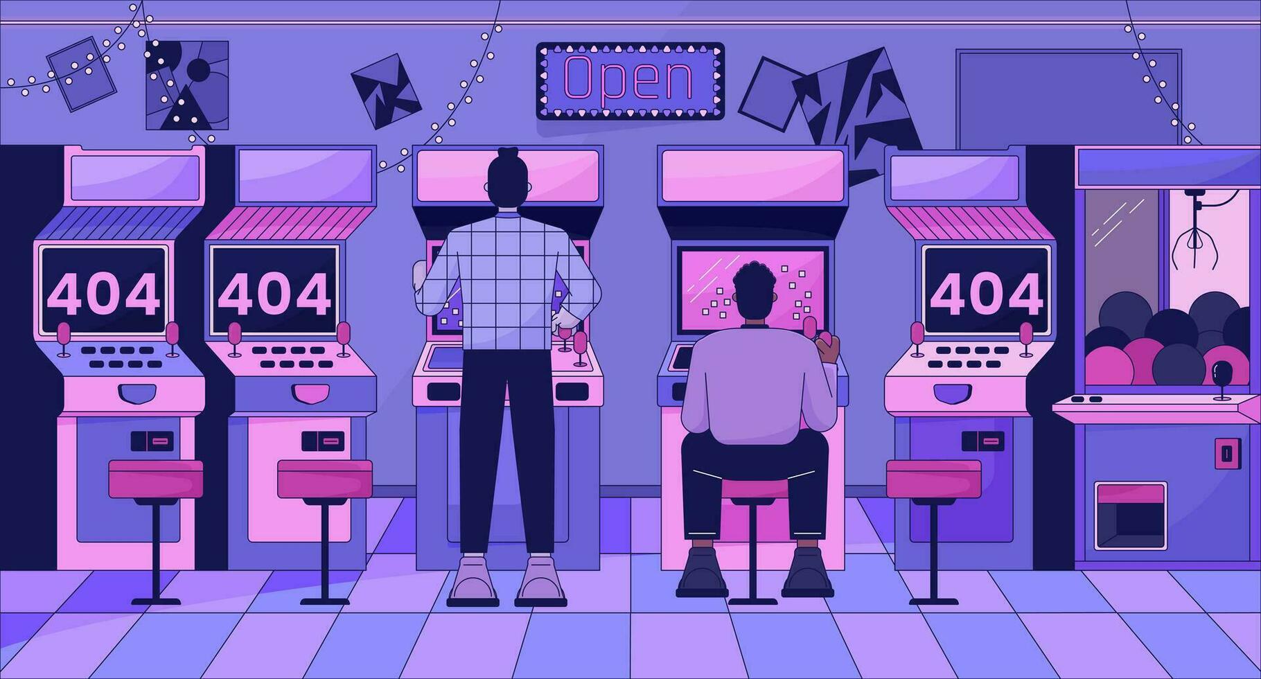Man playing arcades error 404 flash message. Old school video gaming machine. Website landing page ui design. Not found cartoon image, dreamy vibes. Vector flat illustration with 90s retro background