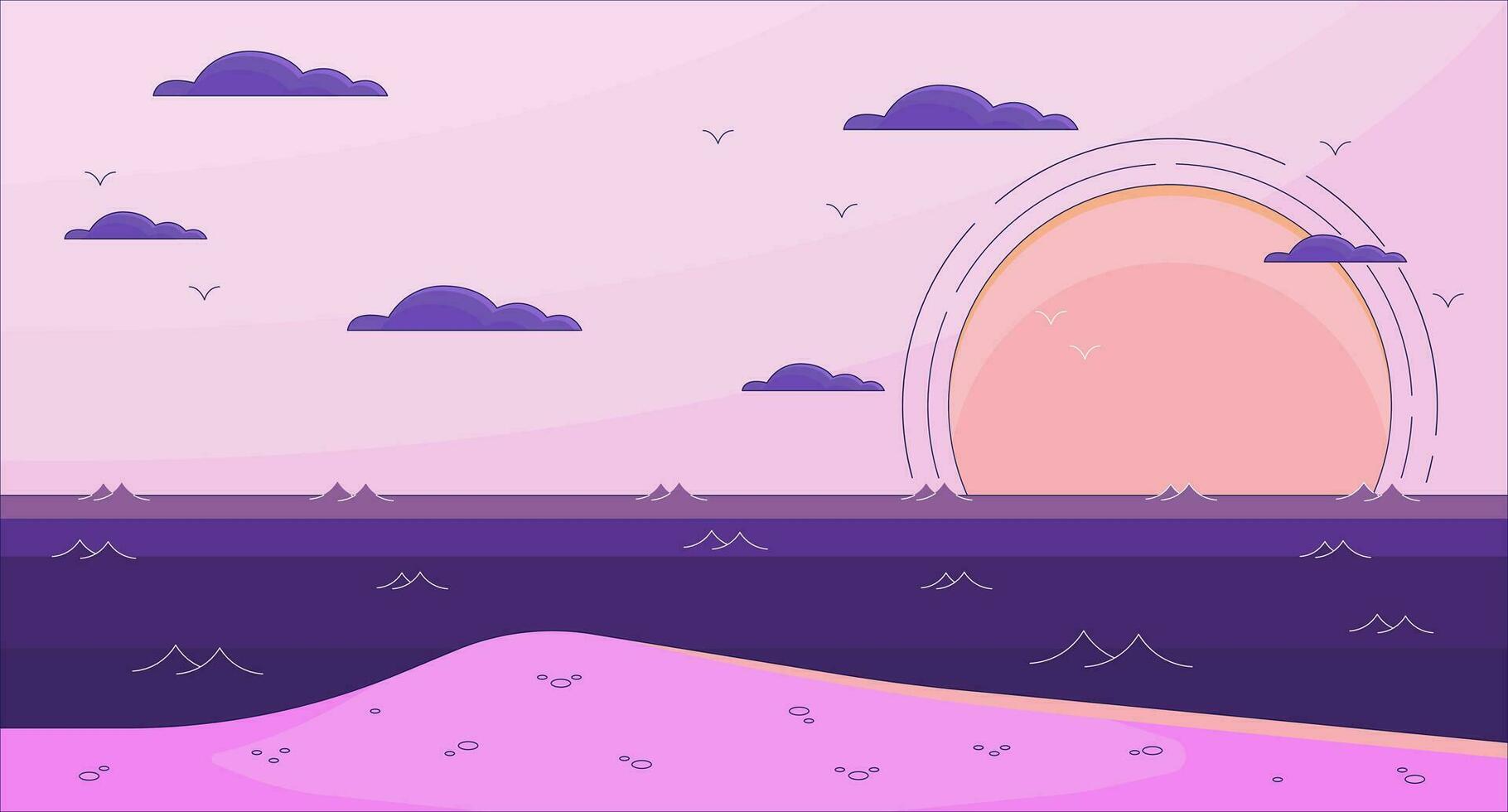 puesta de sol en el mar frío lo fi antecedentes. bahía. paraíso. isla 2d vector dibujos animados paisaje ilustración, púrpura lofi fondo de pantalla escritorio. puesta de sol estético 90s retro arte, soñador vibraciones