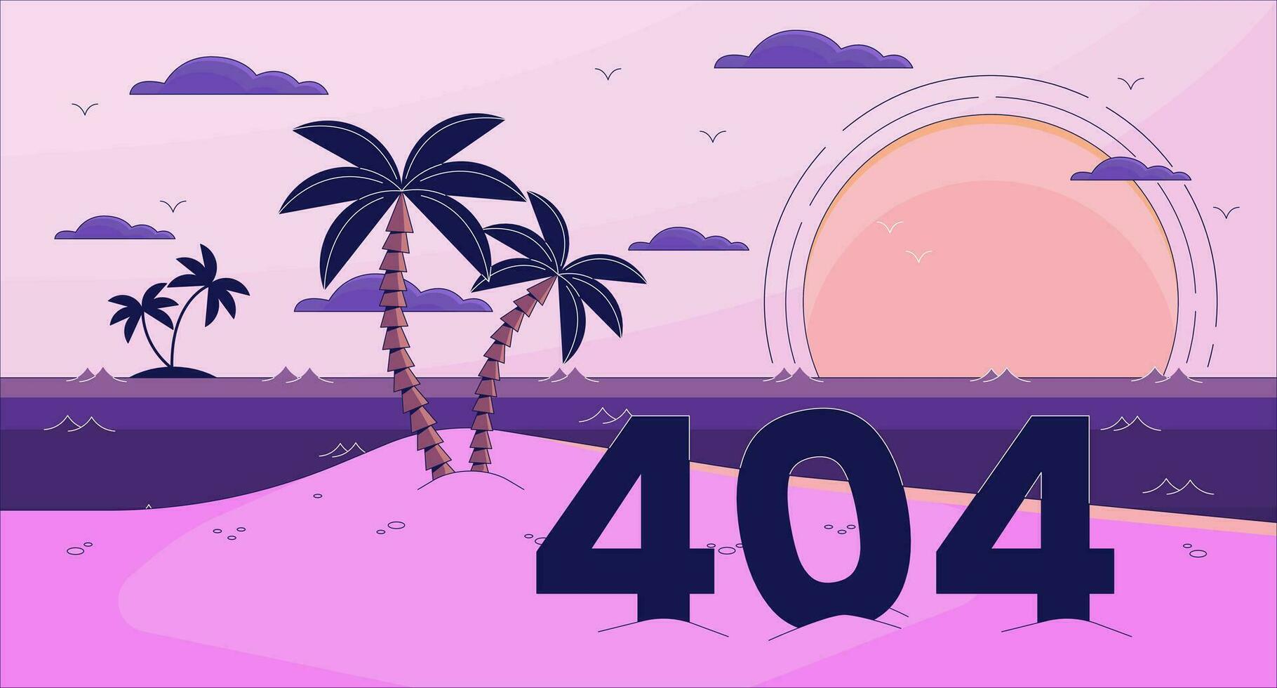 Bay paradise error 404 flash message. Palm trees on island. Website landing page ui design. Not found cartoon image, dreamy vibes. Vector flat illustration concept with 90s retro background
