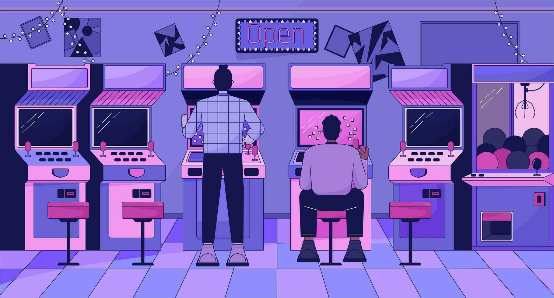 Arcade video gaming lo fi aesthetic wallpaper. Men playing games. Old school machines 2D vector cartoon objects illustration, purple lofi background. 90s retro album art, chill vibes