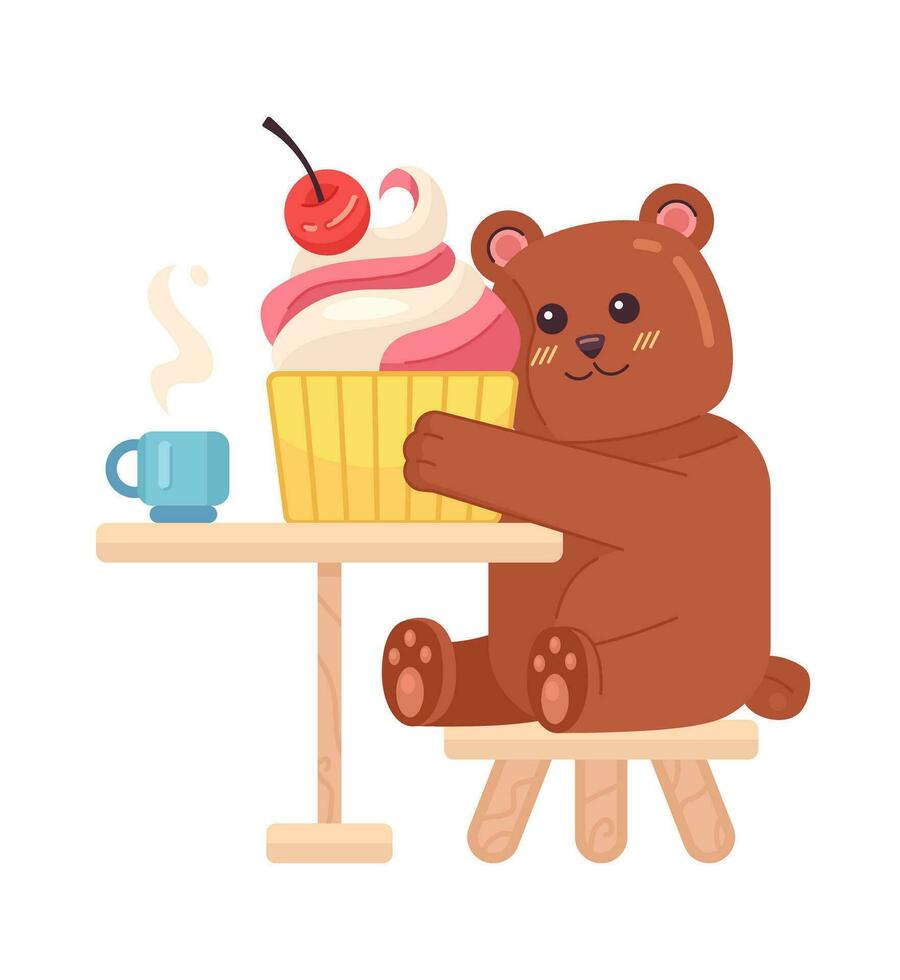 Bear eating ice cream cute chill lo fi wallpaper. Animal sitting on chair. Cub cuddling cupcake 2D vector cartoon character illustration, lofi anime background. 90s kawaii aesthetic, dreamy vibes