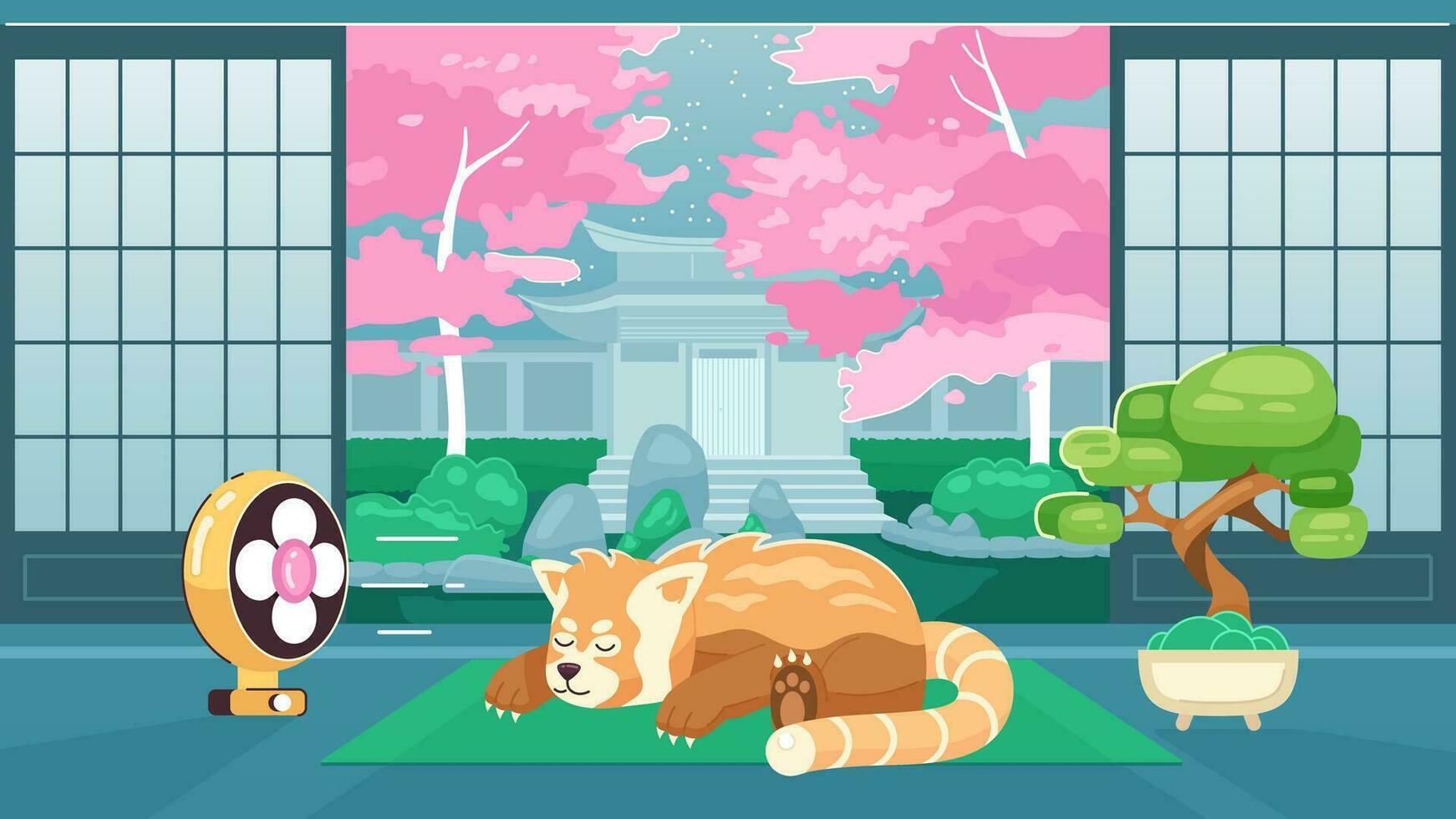 Sleeping bear cute chill lo fi wallpaper. Japanese interior. Relaxing. Red panda chilling near fan 2D vector cartoon characters illustration, lofi anime background. 90s kawaii aesthetic, dreamy vibes