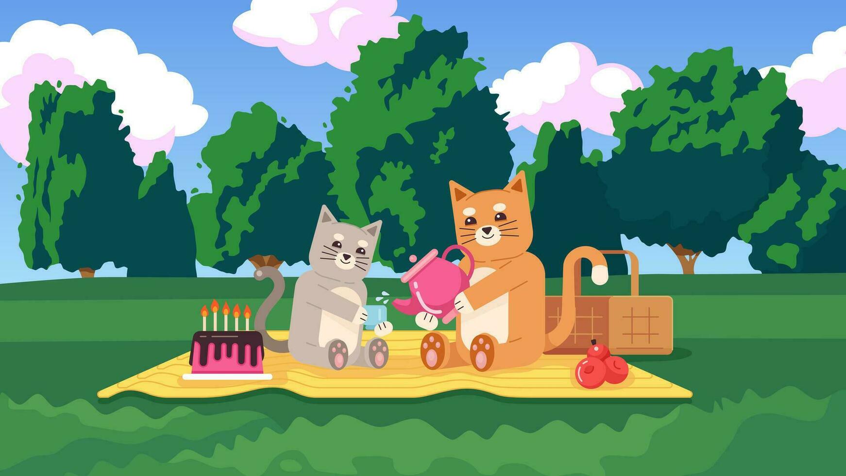 Picnic in the park cute chill lo fi wallpaper. Kittens celebrating birthday. Cute pets drinking tea 2D vector cartoon characters illustration, lofi anime background. 90s kawaii aesthetic, dreamy vibes