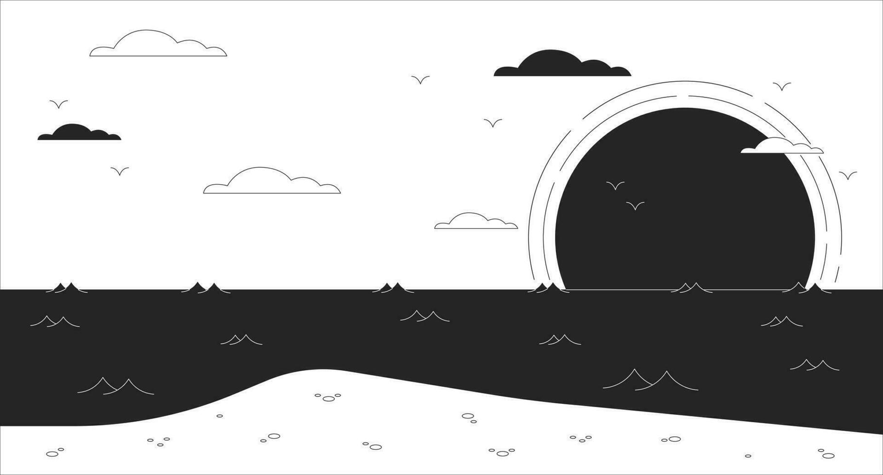 Sunset in the sea black and white chill lo fi background. Bay. Paradise. Island outline 2D vector cartoon landscape illustration, monochromatic lofi wallpaper desktop. Bw 90s retro art